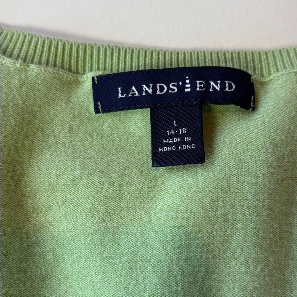 TWO! Lands’ End 3/4 Sleeve V-Neck Cotton Sweater Classics in White and Green - Picture 2 of 8
